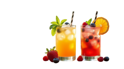 Isolated cold fruit drinks with mint and ice in glasses, bright lighting and summer feel on transparent background