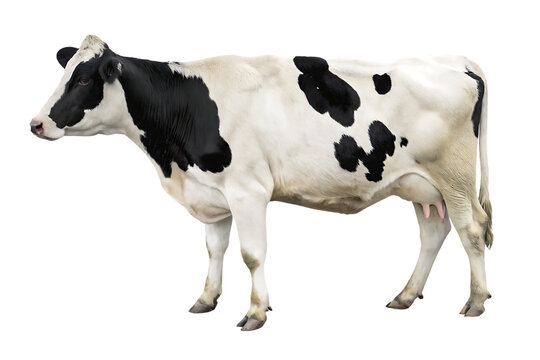 Fototapeta Black and white cow standing alone on a white background in a rural farm setting