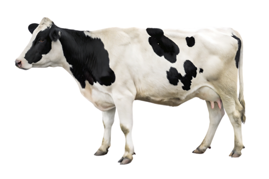 Black and white cow standing alone on a white background in a rural farm setting