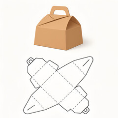 A cardboard gift or takeaway box with a handle, shown in both assembled form and as a die-cut template. The flat template displays fold lines and cut lines for assembly into the 3D box shape.