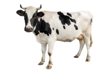 Black and white cow standing alone on a white background in a rural farm setting