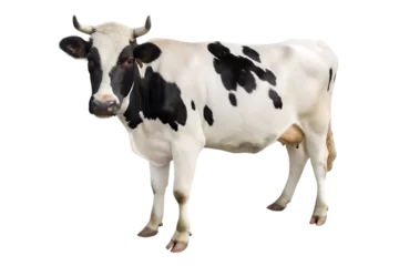Fototapeten Kuh Black and white cow standing alone on a white background in a rural farm setting  © SM Creative