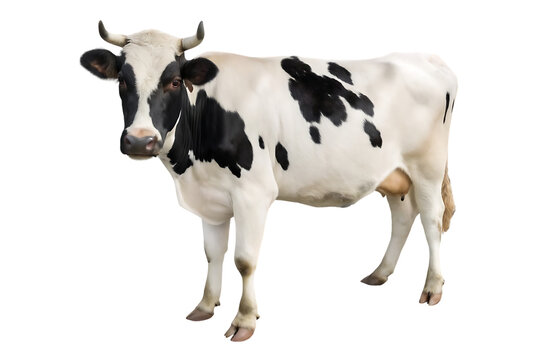 Black and white cow standing alone on a white background in a rural farm setting