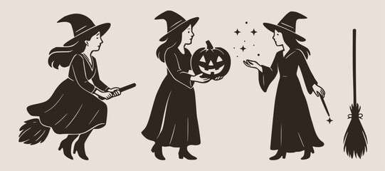 Fototapeta premium Witch Broom Silhouette Halloween Vector Spooky Set Witchcraft Broomstick Woman Isolated Party Character Collection