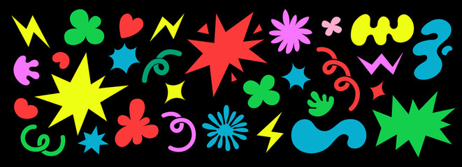 Abstract clouds and flowers shapes sticker set. Vector illustration. Groovy flowers, bubbles, stars