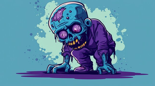 Creepy cartoon zombie illustration with glowing eyes and blue skin