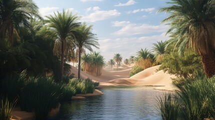 Fototapeta premium Lush oasis with palm trees and a tranquil pool.
