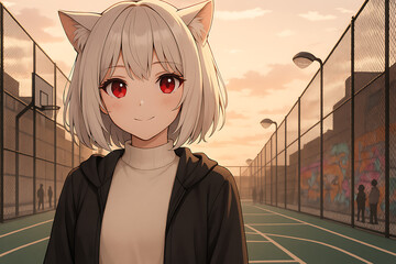 Youthful anime girl with white cat ears and red eyes in casual hoodie and turtleneck, standing on an urban basketball court bathed in warm sunset light, showcasing sporty street style energy.