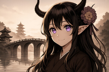 Fantasy anime girl with demon horns and purple eyes wearing a traditional kimono stands peacefully by a serene lake with ancient Japanese bridge and pagoda in a mystical twilight setting.