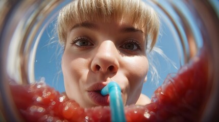 Naklejka premium Jeune femme blonde buvant cocktail rouge avec paille bleue, gros plan