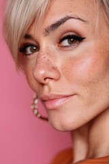 Gros plan visage femme blonde avec taches de rousseur naturelles