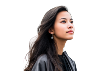 Young woman with long hair and earrings takes thoughtful pose outdoors