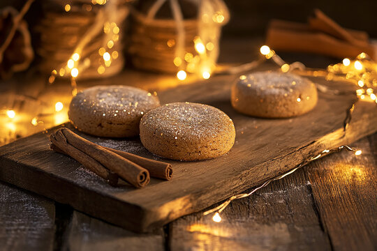 Gingerbread Delights: Exquisite gingerbread cookies and cinnamon sticks arranged on a rustic wooden surface, enhanced by the soft glow of fairy lights.