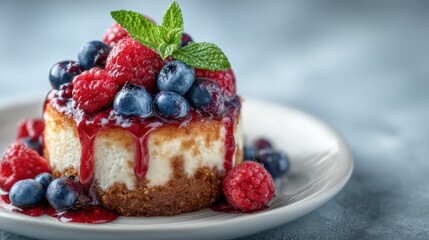Miniature cheesecake delight with fresh berries and mint garnish