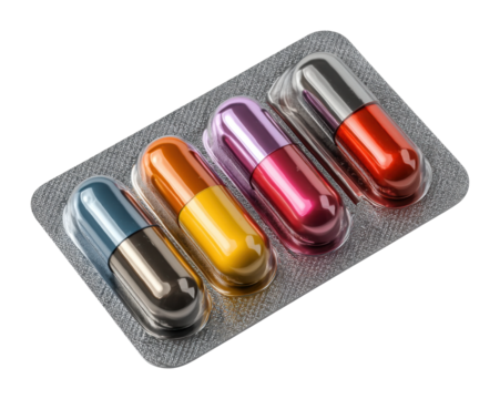 Colorful capsules display pharmacy medicine packaging clinical environment health awareness isolated on transparent background