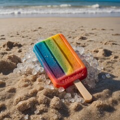 A rainbow popsicle on crushed ice with beach toys and sand in the background.