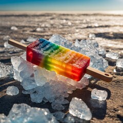 A vibrant rainbow popsicle resting on glistening crushed ice under the golden summer sun.