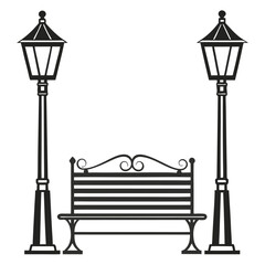 Vector Illustration of a Park Bench with Two Street Lamps in Black and White Minimalist Style for Graphic Design Projects
