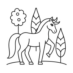 outline unicorn walks peacefully among simple tree