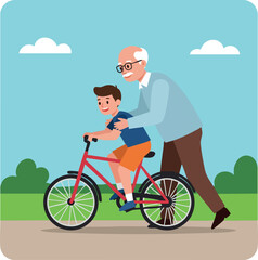 Grandfather teaching grandson to ride red bicycle in park outdoor activity 
