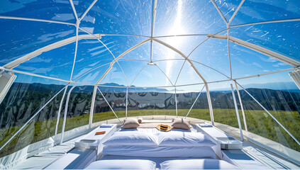 Glamping bubble tent: luxury transparent dome for stargazing, nature escape & unique travel. Eco-tourism hotel, clear sky view, outdoor living.