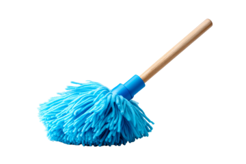 Bright blue cleaning mop with wooden handle on transparent background