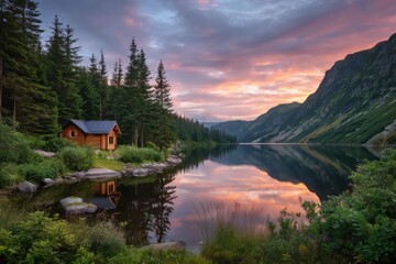 Fototapeta premium Cabin by lake sunset isolated on transparent background