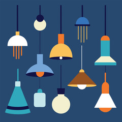 A Collection of Hanging Lamps in a Modern Geometric Style with Various Shapes and Colors on a Dark Blue Background