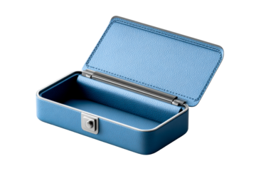 Elegant blue leather box with open lid and smooth interior