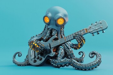 Octopus playing electric guitar. AI.