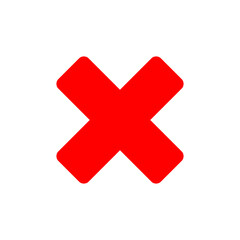 Red Cross icon. Illustration of a bold red x mark centered on a white background indicating rejection or cancellation