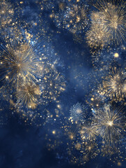 Fototapeta premium Golden fireworks bursting against dark blue night sky with sparkling particles and stars 