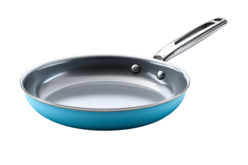 Cooking pan with a vibrant blue exterior and glossy interior