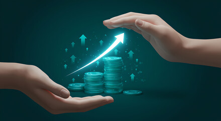 Hand Holding Money with holding Growing arrow for investment financial success wealth management concept