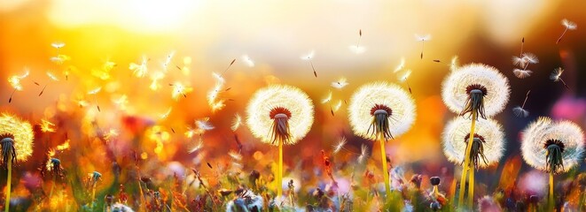 Sunset Dandelions Warm Hues, Seedhead Dispersion, Vibrant Meadow, Nature Photography Keywords Dandelion, Sunset