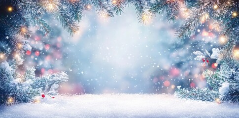 Winter Wonderland Snow Scene Snowy Branches, Festive Lights, Bokeh Background Christmas, Holiday