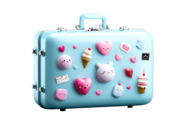 Cute blue suitcase decorated with colorful stickers