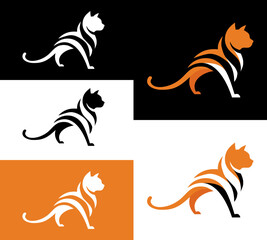 A stylized cat is shown graphic lines in black and white, and orange on a black background. These images are modern graphic design logos.
