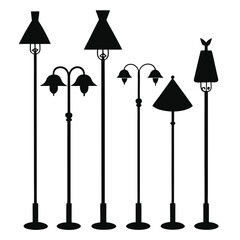 Silhouette Illustration of Various Decorative Outdoor Lighting Fixtures Including Single and Double Headed Lamps on a White Background