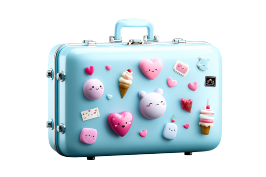 Cute blue suitcase decorated with colorful stickers