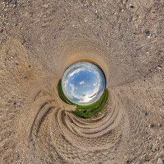 blue hole sphere or globe little planet inside grass or sand or dry ground frame background with...