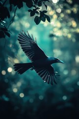 Fototapeta premium Black bird flying through forest