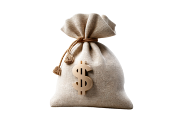 Soft burlap bag with dollar symbol on a transparent background