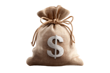 Hessian bag filled with money symbol on transparent background