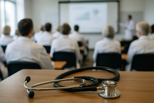 Medical Training Seminar, Doctors in White Coats, Stethoscope in Foreground