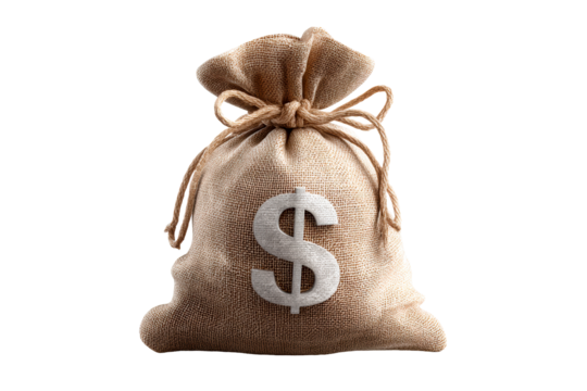Hessian bag filled with money symbol on transparent background