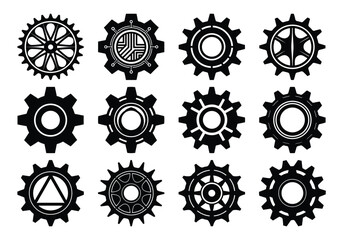Gear icon vector set, black cogwheel vector collection, mechanical gear shapes, engineering symbols, industrial machinery, sprocket designs on white background
