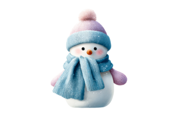 Snowman wearing a blue scarf and pink hat on a transparent background