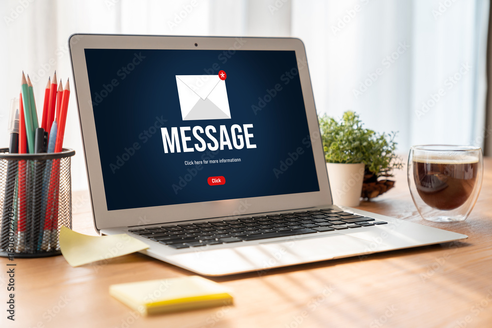 Poster email notification message showing on computer screen snugly. digital marketing message information 