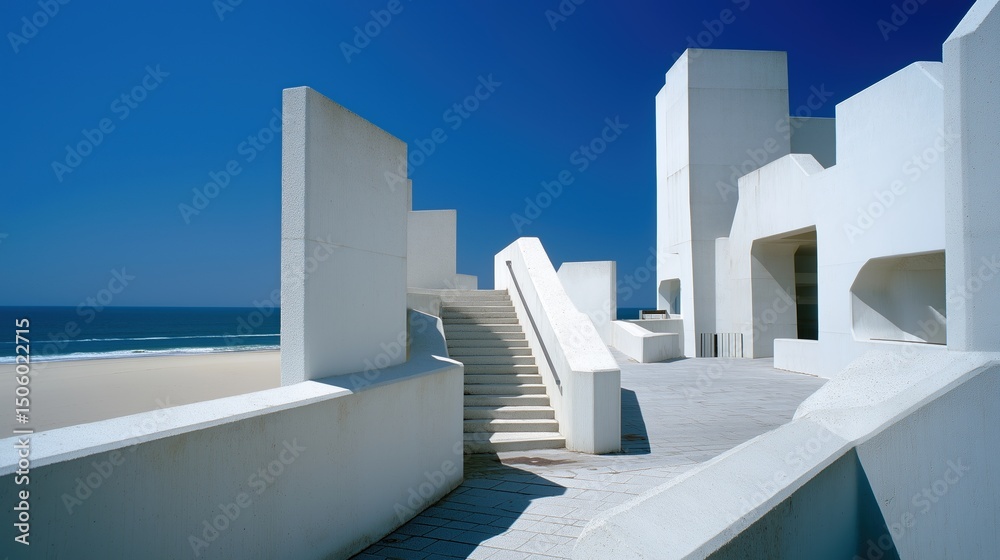Aufkleber modernist concrete structure with geometric shadows overlooking a calm ocean under clear blue sky
